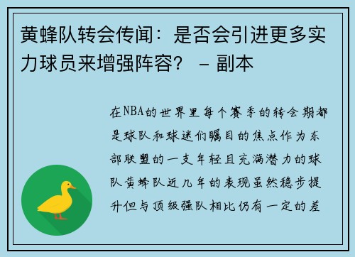 黄蜂队转会传闻：是否会引进更多实力球员来增强阵容？ - 副本