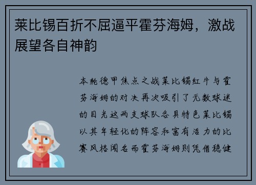 莱比锡百折不屈逼平霍芬海姆，激战展望各自神韵