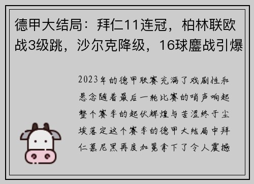 德甲大结局：拜仁11连冠，柏林联欧战3级跳，沙尔克降级，16球鏖战引爆赛季高潮