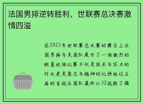 法国男排逆转胜利，世联赛总决赛激情四溢