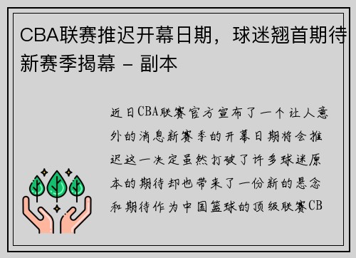 CBA联赛推迟开幕日期，球迷翘首期待新赛季揭幕 - 副本